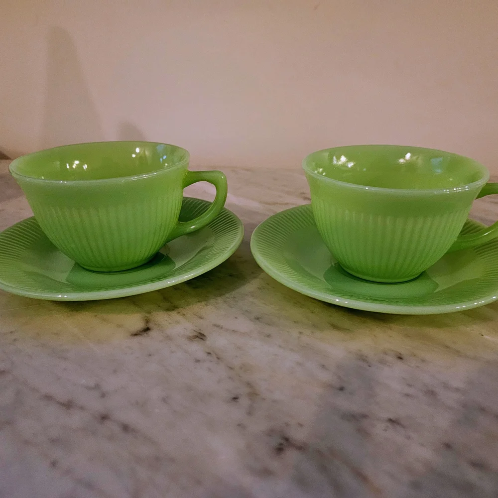 Fire King Jane Ray Jadeite Cup & Saucer Set of 2 Vintage USA Green Milk Glass